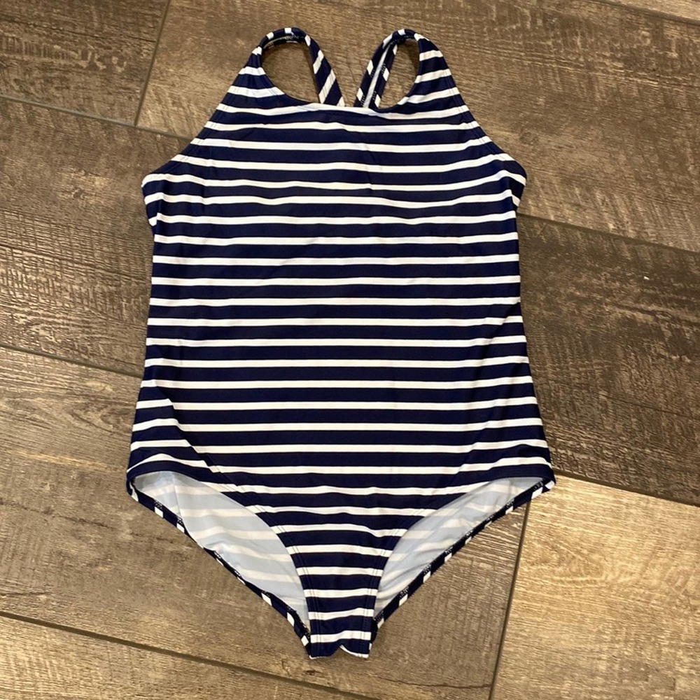 LAND'S END Navy Blue White Nautical Criss Cross Back Bathing Suit One Piece